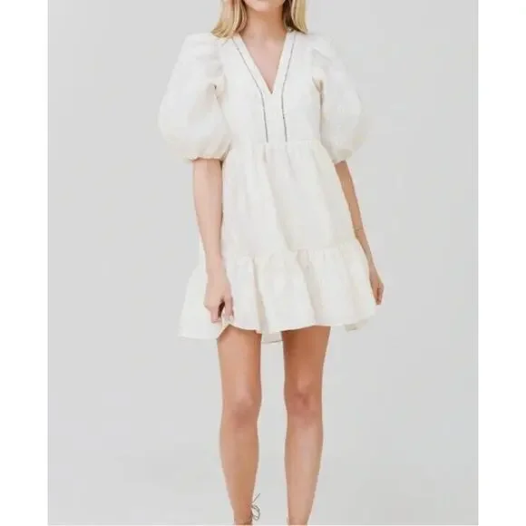 HUNTER BELL Sz L Large Gaille Cream Short Puff Sleeve Jacquard Dress - Picture 1 of 12